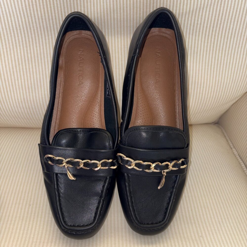 Nautica Lunara Comfort Loafers Womens 7.5 Black Gold Chain Charm Slip On EUC